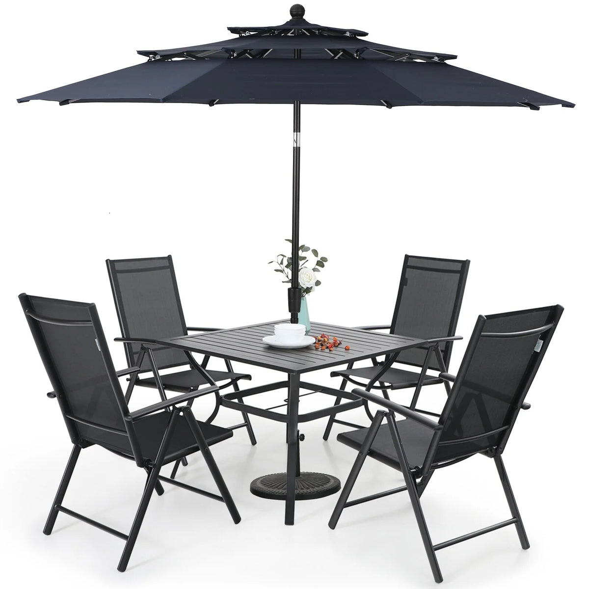 MAISON ARTS Outdoor  6-piece Patio Dining Set, 1 Square Metal table, 4 Adjustable Folding Chairs and 10ft Umbrella Red