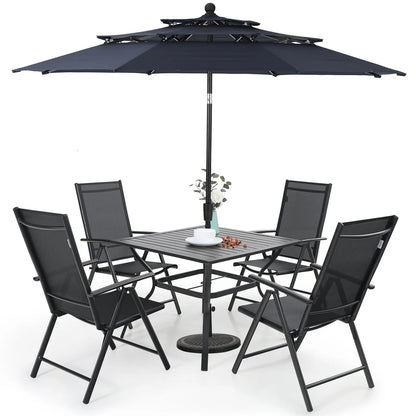 MAISON ARTS Outdoor  6-piece Patio Dining Set, 1 Square Metal table, 4 Adjustable Folding Chairs and 10ft Umbrella Red