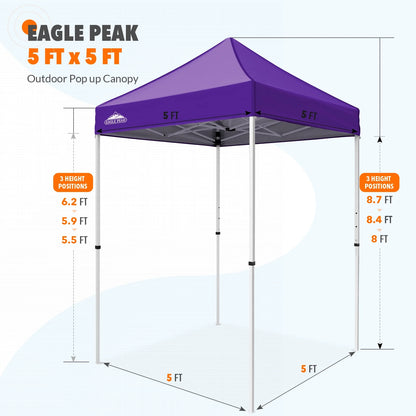 EAGLE PEAK 5x5 Pop Up Canopy Tent Instant Outdoor Canopy Easy Set-up Straight Leg Folding Shelter（Blue）