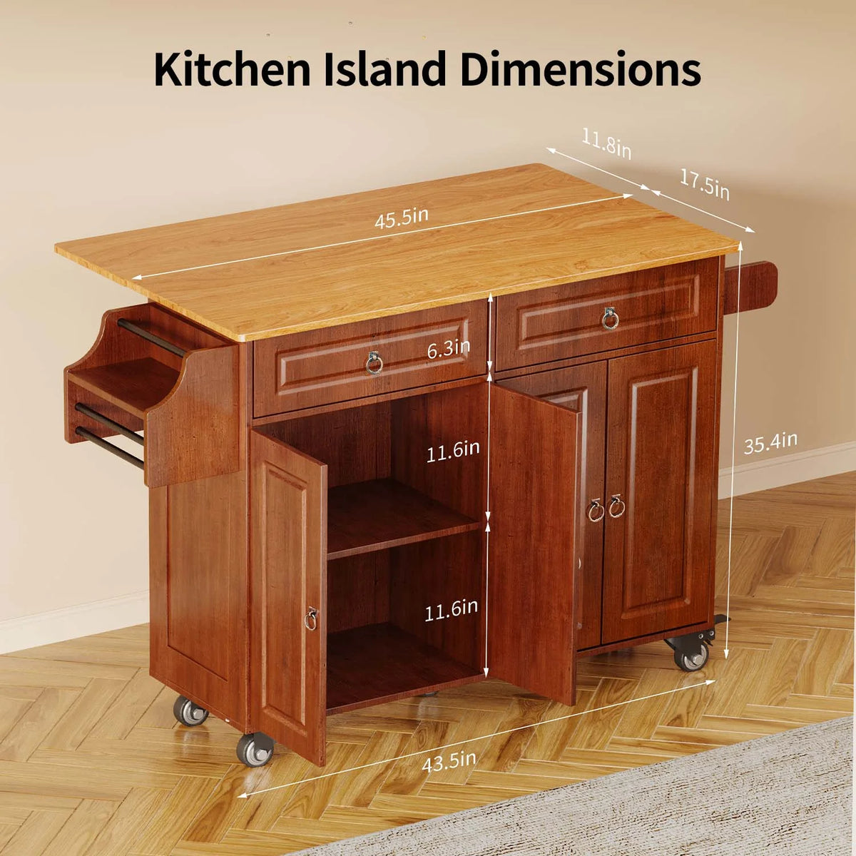 Lofka 52-Inch Kitchen Island with Storage on Wheels with Wood Drop Leaf, Ideal for Small Kitchens