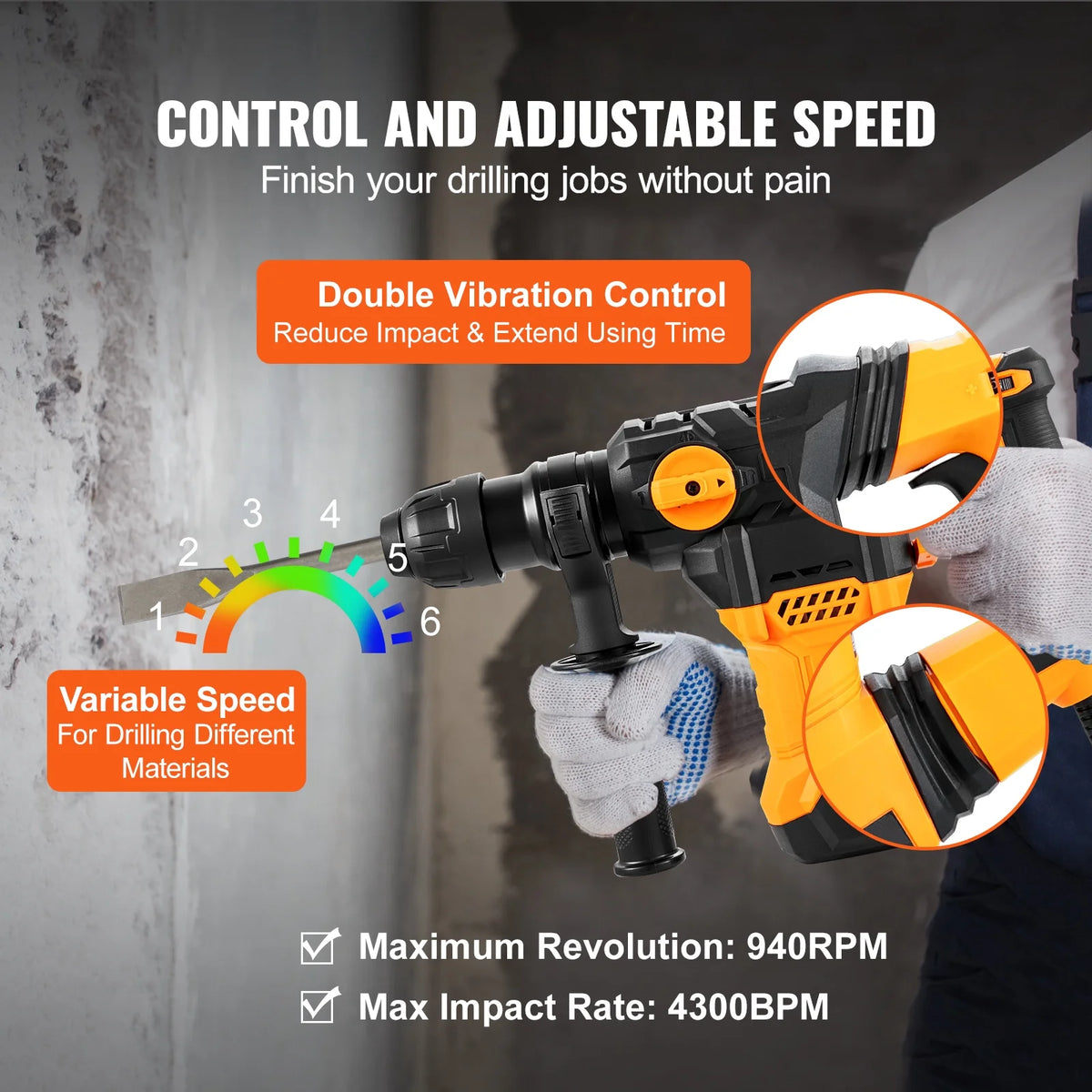 VEVOR 1-1/4inch SDS-Plus Rotary Hammer Drill, 13 Amp Corded Drills, Heavy Duty Chipping Hammers w/Vibration Control & Safety Clutch, Electric Demolition Hammers Variable Speed, Power Tool For Concrete