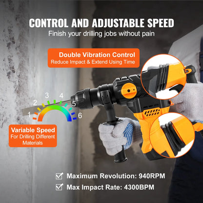 VEVOR 1-1/4inch SDS-Plus Rotary Hammer Drill, 13 Amp Corded Drills, Heavy Duty Chipping Hammers w/Vibration Control & Safety Clutch, Electric Demolition Hammers Variable Speed, Power Tool For Concrete