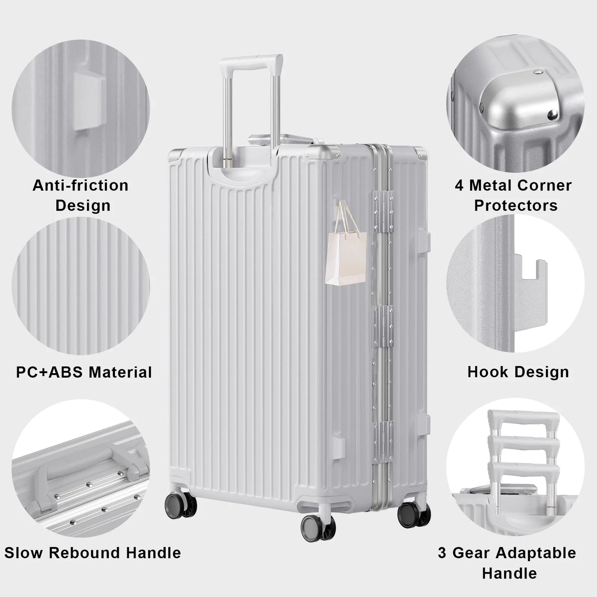 Luggage Aluminium Frame PC ABS Hardshell Suitcase with Spinner Wheels TSA Lock Zipperless Luggage 28 inch Silver