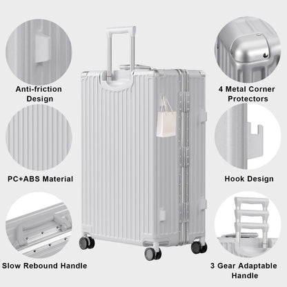 Luggage Aluminium Frame PC ABS Hardshell Suitcase with Spinner Wheels TSA Lock Zipperless Luggage 28 inch Silver