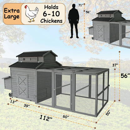 Chicken Coop for 6-10 Chickens, 112" Extal Large Chicken Coops, with Chicken Run & Nesting Box & Secure Enclosure, Outdoor Wooden Hen House Hutch for Rabbit, Poultry Pet, Duck
