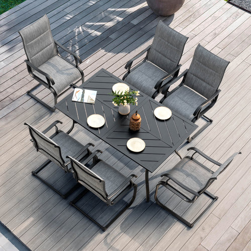 Nuu Garden 7 Piece Outdoor Dining Set, Outdoor Padded Textilene Patio Chairs and 61'' Rectangular Dining Table with Umbrella Hole, Grey & Black