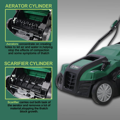 2-in-1 16" Walk Behind Electric Dethatcher Scarifier 15 Amp with Large 58QT Removable Collection Bag for Lawn Yard Garden Care