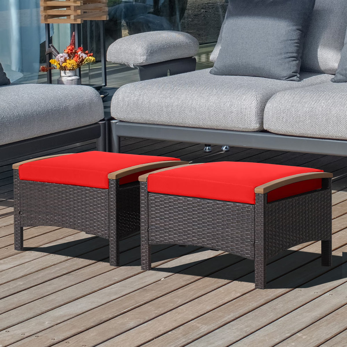 Costway Set of 2 Patio Rattan Ottoman Footrest Cushions Wooden Handle Beige