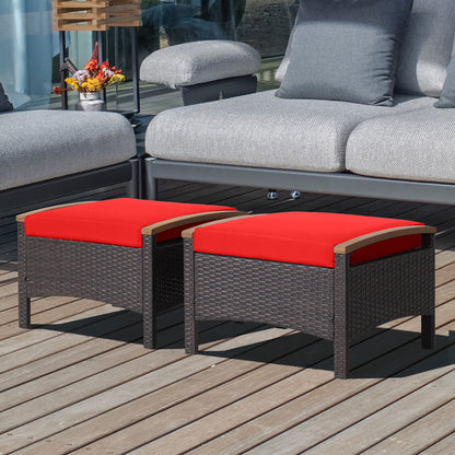 Costway Set of 2 Patio Rattan Ottoman Footrest Cushions Wooden Handle Beige