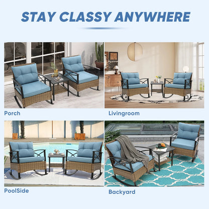 3 Pieces Patio Outdoor Conversation Set, Patio Furniture Bistro Set with 2-Tier Coffee Table, PE Wicker Rocking Chairs with Blue Cushions for for Backyard Porch Poolside
