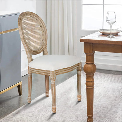 French Dining Chairs Set of 2 Beige Natural Fabric Round Back with Solid Wood Legs and Frame for Bedroom Dining Room Kitchen