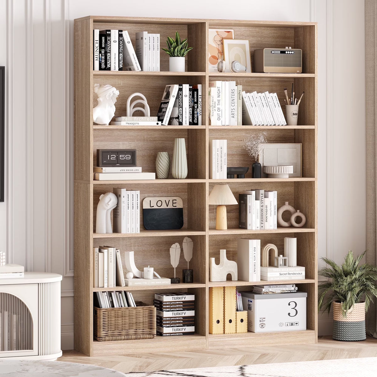Homfa 74.3�� Double Wide 6-Tier Bookcase, Extra Large Wooden Freestanding Display Bookshelf for Home Office Living Room, White