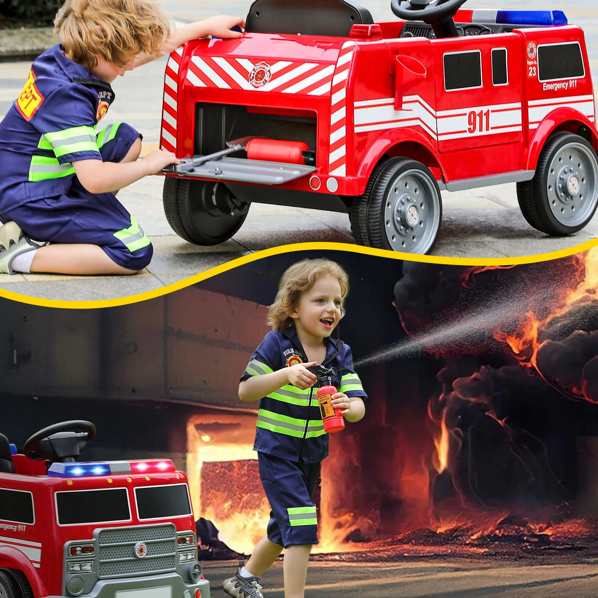 Bobiber Ride on Fire Truck, 12V Battery Powered Ride-On Toy Vehicle with Remote Control, Megaphone, Flashing Lights, Siren and Fire Extinguisher - For Boys and Girls Ages 3-6