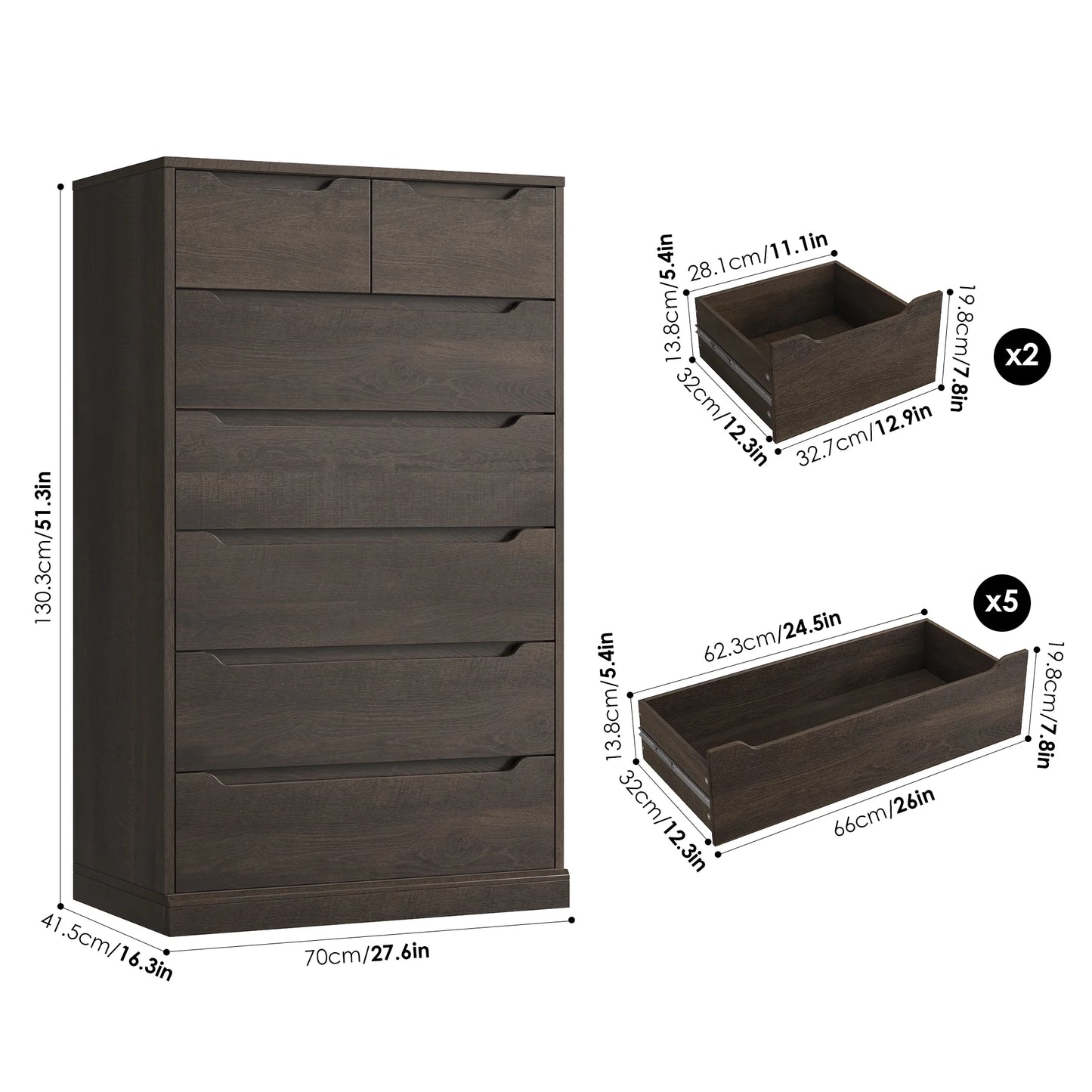 Homfa 7 Drawer White Dresser, 51.3"H Wood Storage Cabinet with Upgraded Stable Base, Vertical Chest for Bedroom Living Room