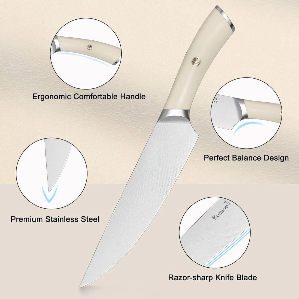 Ivory Knife Block Set (15-PCS) �C High Carbon Stainless Steel, Built-in Sharpener, Forged Chef Blades