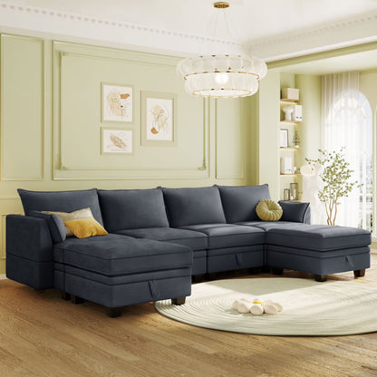 Oversized Modular Sectional Sofa with 2 Pillows, Convertible Sofa Bed with Storage Seat & Storage Ottoman, Upholstered U-Shaped Sectional Sofa with Reversible Chaise, 6 Seaters Sofa Sleeper Sofa