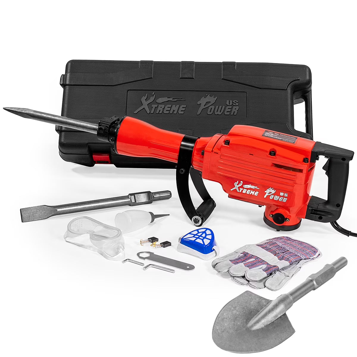 XtremepowerUS Demolition Jack Hammer Heavy Duty, 2200W Electric Jackhammer With Scraping Chisel, 1800BPM Power Drill Concrete Breaker Bar Point & Chisel Bits Chisel Set, Red