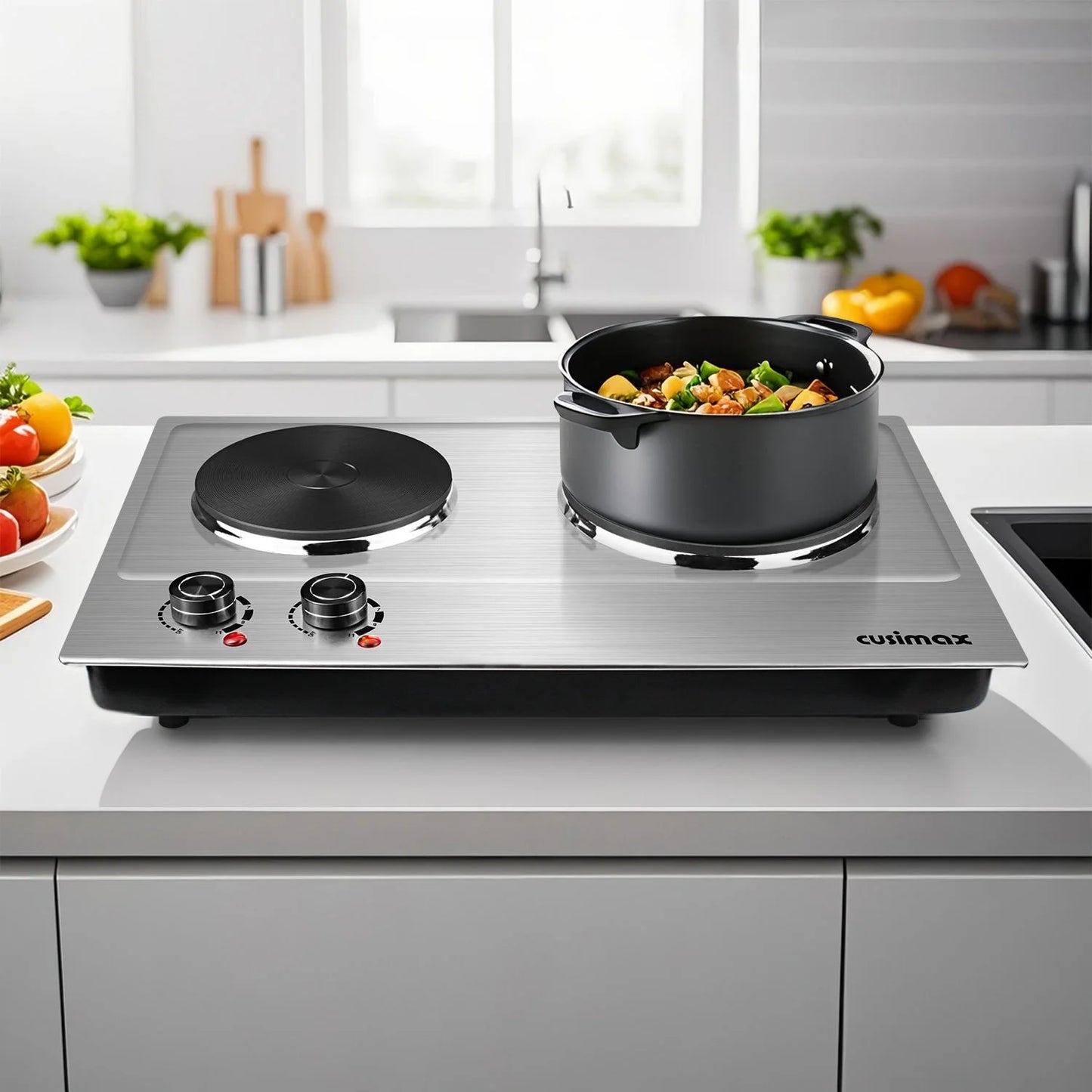 CUSIMAX 1800W Portable Double Burner Hot Plate �?Stainless Steel Countertop Electric Cooktop with Dual Cast Iron Heating Plates, Easy-to-Clean Silver Design, Upgraded Version