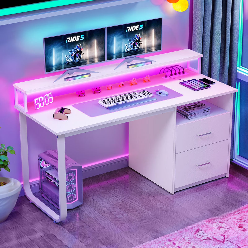 TDUKDB 47/55   Inch Home Office LED Computer Desk with File Drawer and Power Outlets. Ideal for Home Office  Study  Stable Design, Stylish  Simple-inch-Brown  White