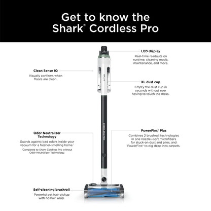 Shark Cordless Pro Stick Vacuum Cleaner, Clean Sense IQ Technology, Odor Neutralizer, PowerFins+ Brushroll