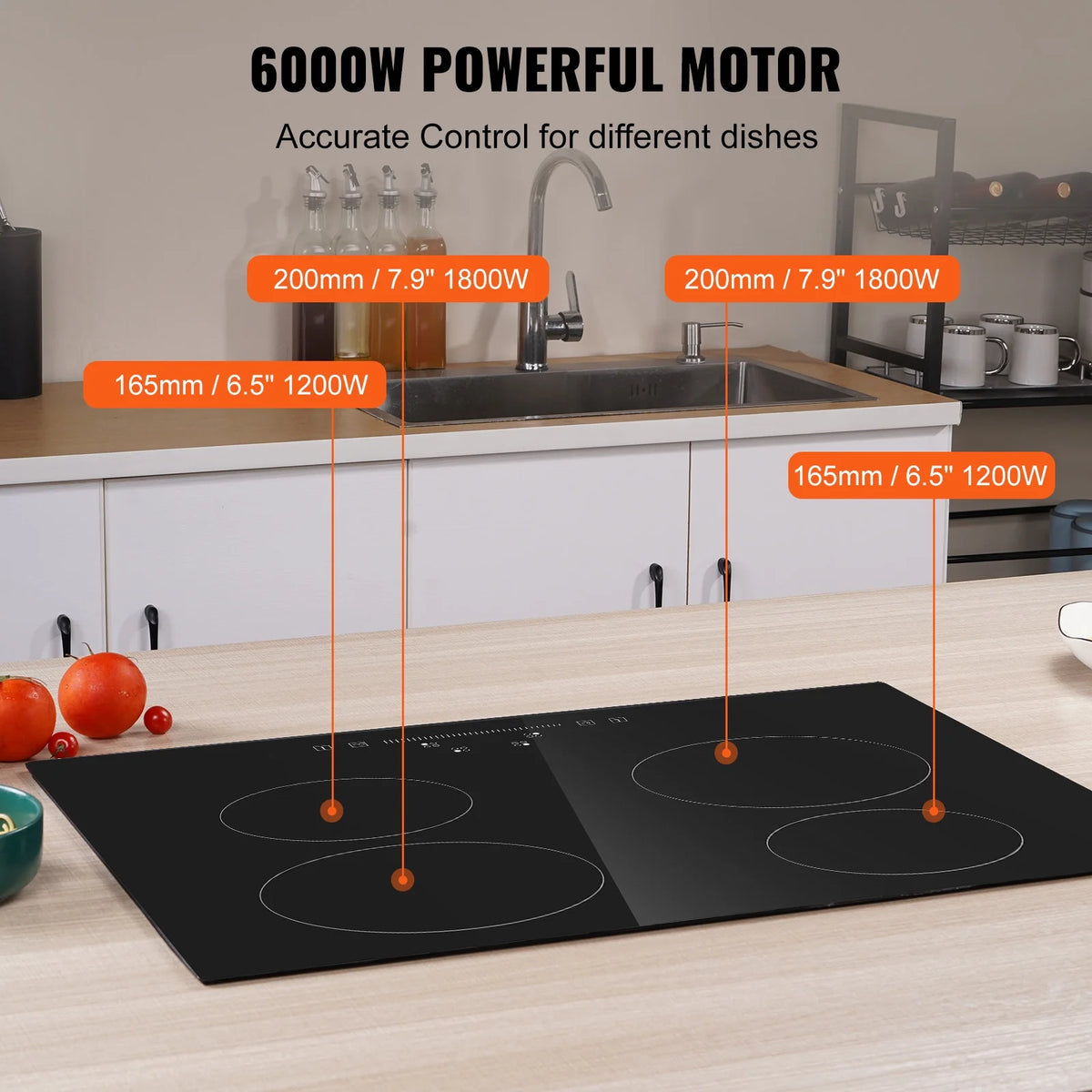 KFFKFF Sleek Electric Stove Top, 24" 4 Burners 240V 6000W Electric Cooktop Ceramic Top with Touch Control, Timer & Child Lock, 9 Heat Levels for Diverse Cooking Requirements(NO Plug)
