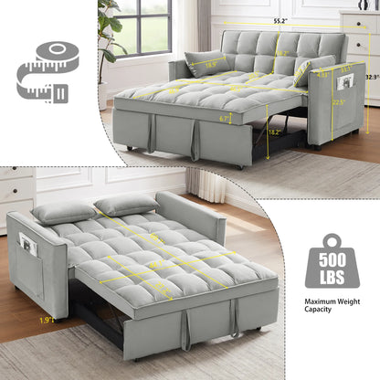 Convertible Sofa Bed,3-in-1 Sleeper Sofa with Pull Out Bed,Velvet Highly Elastic Sponge Futon Couch Loveseat with Adjustable Backrest and 2 Pillows for Living Room,Gray