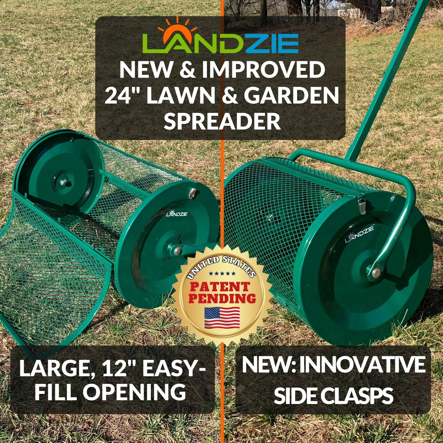 Landzie Compost Spreader 24 Inch Walk-Behind Lawn & Garden Spreader with Metal Mesh Basket
