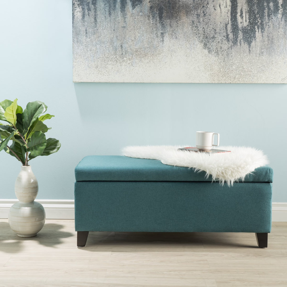 Noble House Hampton Contemporary Fabric Upholstered Storage Ottoman, White and Blue Floral