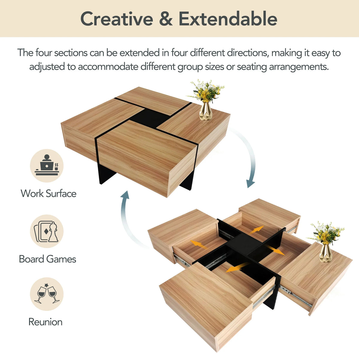 Coffee Table with 4 Hidden Storage Compartments, Cocktail Table with Extendable Sliding Tabletop