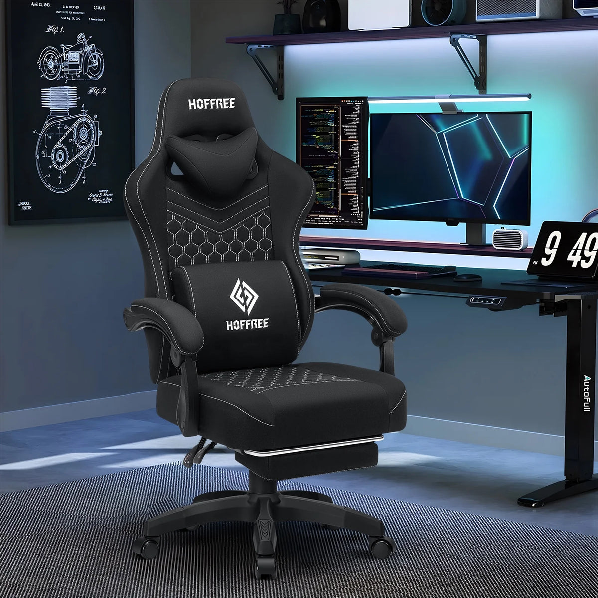 Hoffree Gaming Chair with Massage Fabric Office Chair with footrest for Adults, Ergonomic Gamer Chair with Headrest and Lumbar Support for Office Gaming, 440 LBS