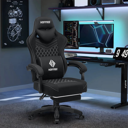 Hoffree Gaming Chair with Massage Fabric Office Chair with footrest for Adults, Ergonomic Gamer Chair with Headrest and Lumbar Support for Office Gaming, 440 LBS