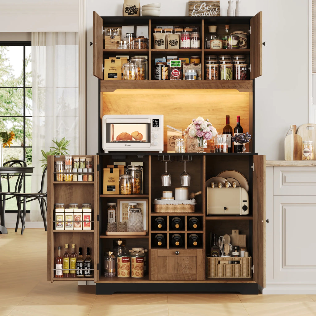 Homfa 71.3'' Kitchen Pantry Storage Cabinet with Charging Station, LED Light Kitchen Hutch Cabinet with Doors and Shelves and Wine Holder, White