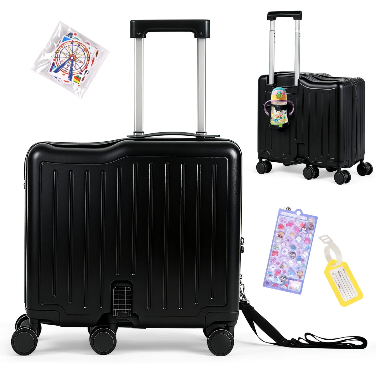 Advwin Ride-On Kids Luggage with Pull Strap, Footrests, Cup Holder, 6 Wheels & Adjustable Handle, 18-Inch Spinner Suitcase with Stickers & Boarding Pass, Pink