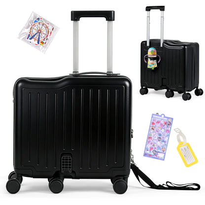 Advwin Ride-On Kids Luggage with Pull Strap, Footrests, Cup Holder, 6 Wheels & Adjustable Handle, 18-Inch Spinner Suitcase with Stickers & Boarding Pass, Pink