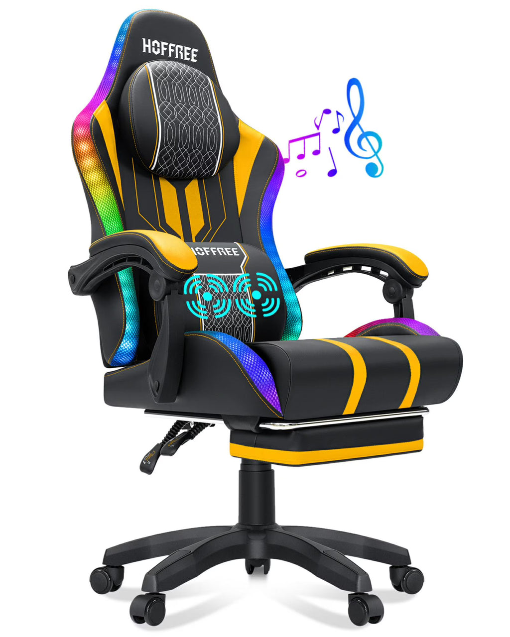 HOFFREE Big and Tall Gaming Chair with Speakers and RGB Lights, Gamer Chair with Footrest, Lumbar Support Height Adjustable 360-Swivel Seat and Headrest for Adults, 400lbs