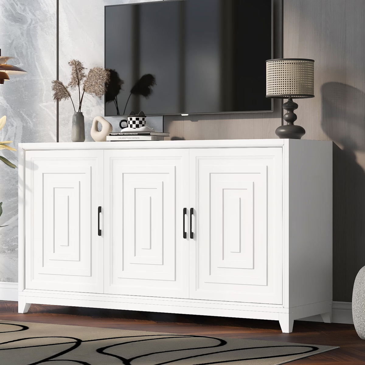 Euroco Modern TV Stand with Adjustable Shelves & Solid Wood Legs �C Media Console Cabinet with Storage for Living Room or Bedroom