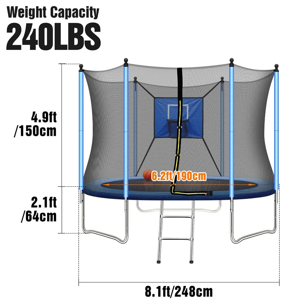 8FT Kids Recreational Trampoline with Basketball Hoop, Enclosure Net and 2 Steps Ladder for Indoor, Outdoor and Backyard, Blue