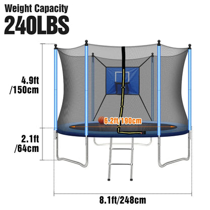 8FT Kids Recreational Trampoline with Basketball Hoop, Enclosure Net and 2 Steps Ladder for Indoor, Outdoor and Backyard, Blue