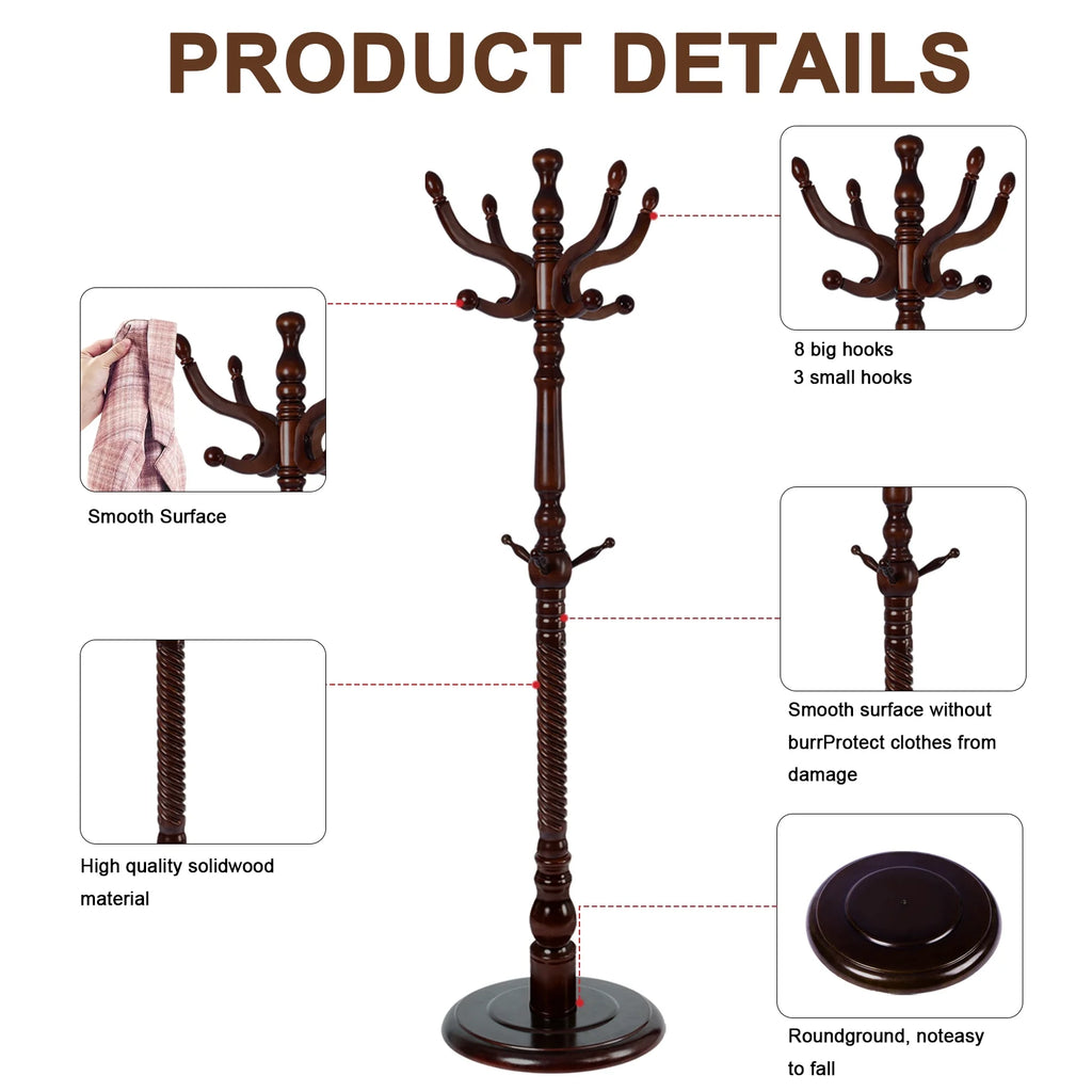 Coat Rack Freestanding, Hall Tree with 11 Hooks, Heavy Duty Wooden Coat Tree Stand, Adjustable Height, Sturdy Base for Bedroom Hallway Office - Load 270lbs