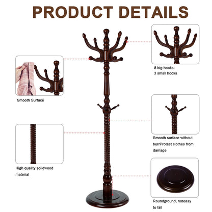 Coat Rack Freestanding, Hall Tree with 11 Hooks, Heavy Duty Wooden Coat Tree Stand, Adjustable Height, Sturdy Base for Bedroom Hallway Office - Load 270lbs