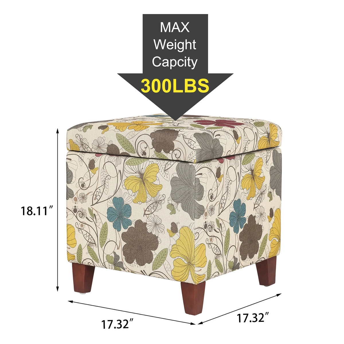 Homebeez Printed Linen Cube Storage Ottoman with Solid Wood Legs, Cube Footstool, Storage Cabinet, 18" H Weight Capacity 300LB Blue