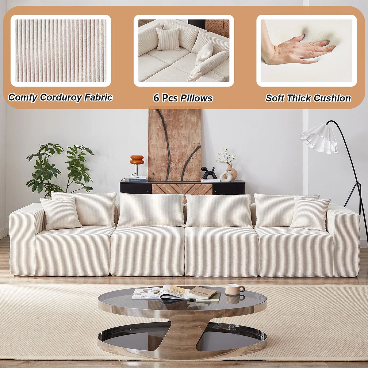 104-Inch Corduroy Modular L Shaped Sectional Sofa,Luxury Floor Couch Set,Upholstered Indoor Furniture,Foam-Filled Compressed Sofa for Living Room,Bedroom,4 PC Free Combination  ?