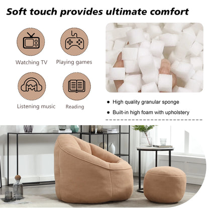 MOONMISS Microfiber Upholstered High Pressure Foam Round Lazy Bean Bag Sofa Chair with Ottoman-Gray