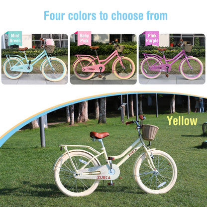 Girls Bike with Basket for Kids 7-10, 20" Kids' Bicycles Leather Saddle & Safety Bell, Pink