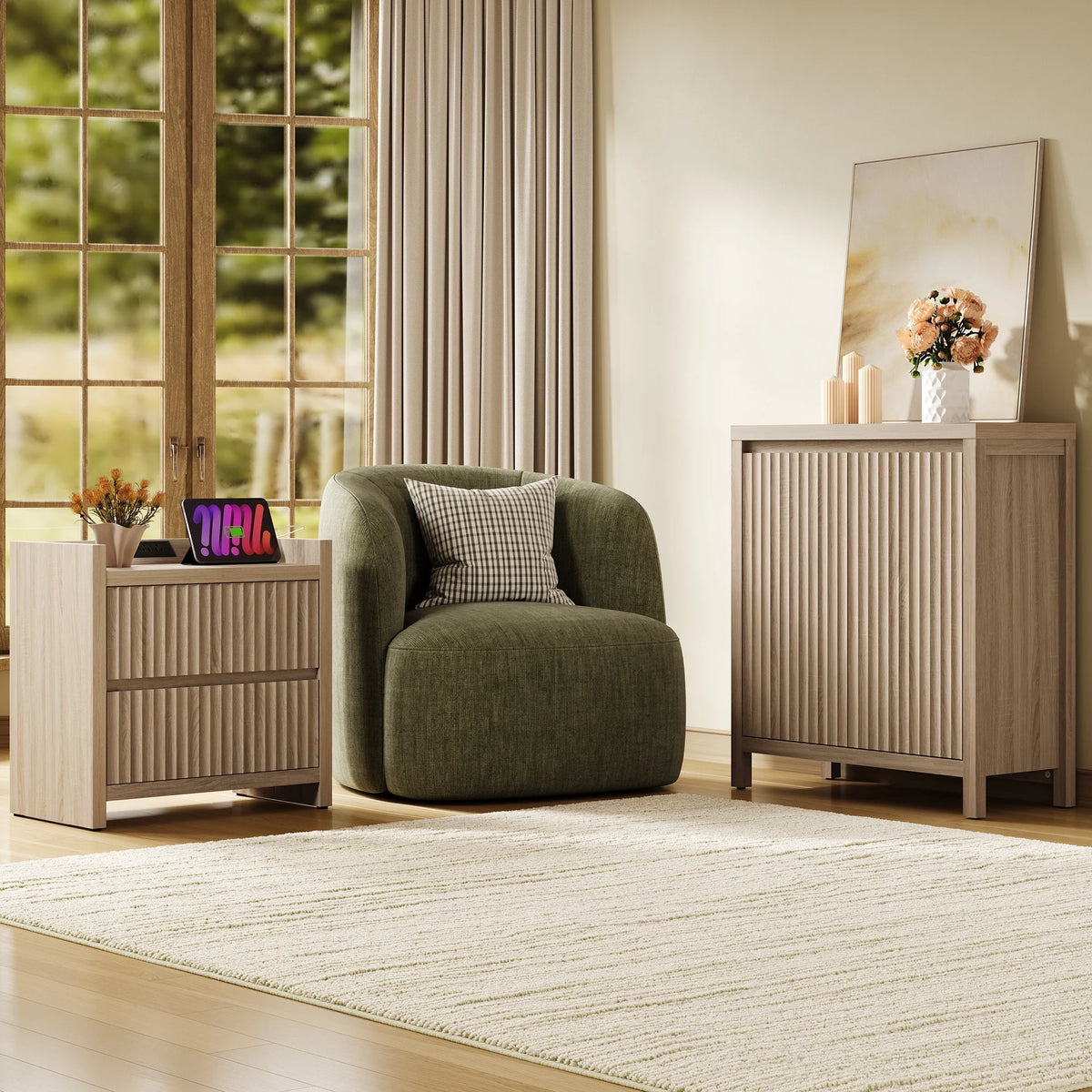 SICOTAS 25.4" Wide Nightstand Set of 2 with Charging Station, Modern Night Stand  with  2 Fluted Dresser & Handle-Less Storage Farmhouse Bed Side Table  for Bedroom, Natural Oak