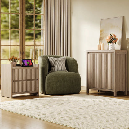 SICOTAS 25.4" Wide Nightstand Set of 2 with Charging Station, Modern Night Stand  with  2 Fluted Dresser & Handle-Less Storage Farmhouse Bed Side Table  for Bedroom, Natural Oak