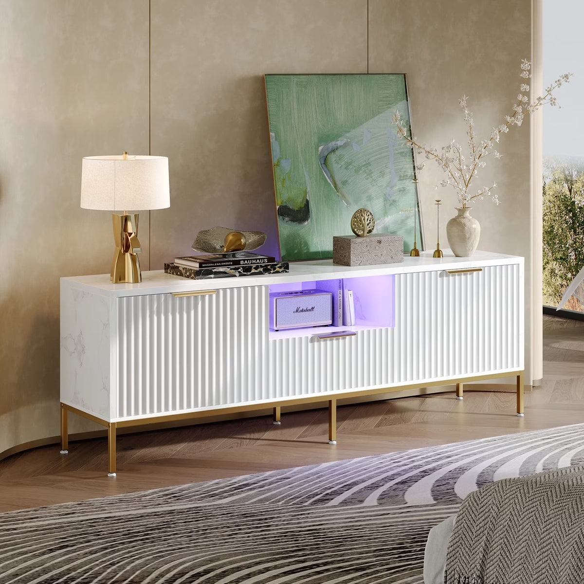 Bestier 55" LED TV Stand for TVs up to 60" Modern High Gloss Entertainment Center with Drawers Cabinets Fluted TV Console, White & Gold