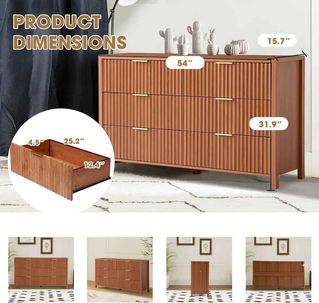Magic Union Fluted 6 Drawers Dresser for Bedroom, 54" Wide Chest of Drawers with Thick Plank Styling, Wooden Storage Drawer Organizer for Bedroom, Living Room,Hallway, Entryway, Brown