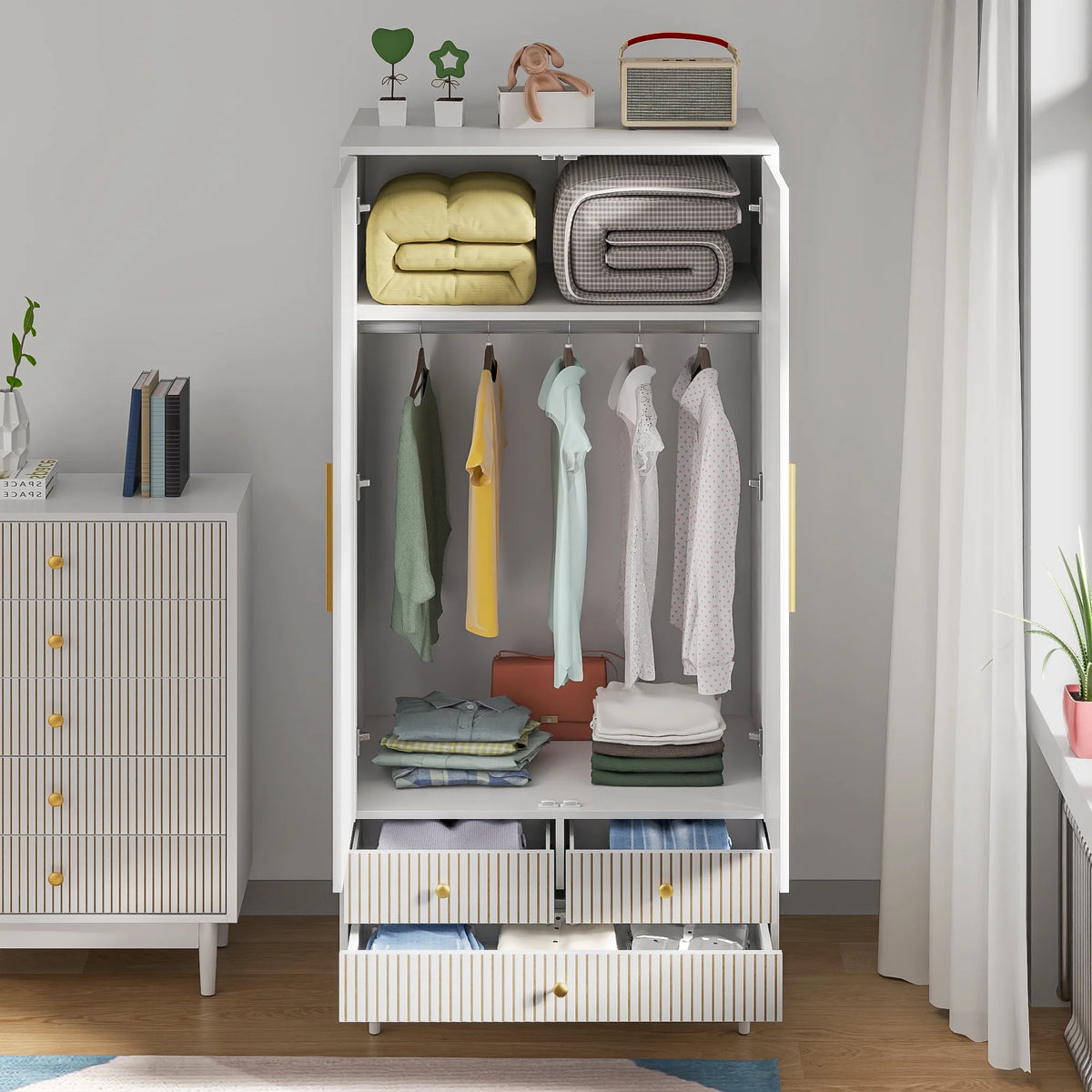 Oubayajia Wardrobe Armoire Closet, 2 Fluted Doors Wardrobe Cabinet with 3-Drawer and Hanging Rod, Wood Wardrobe Storage for Bedroom