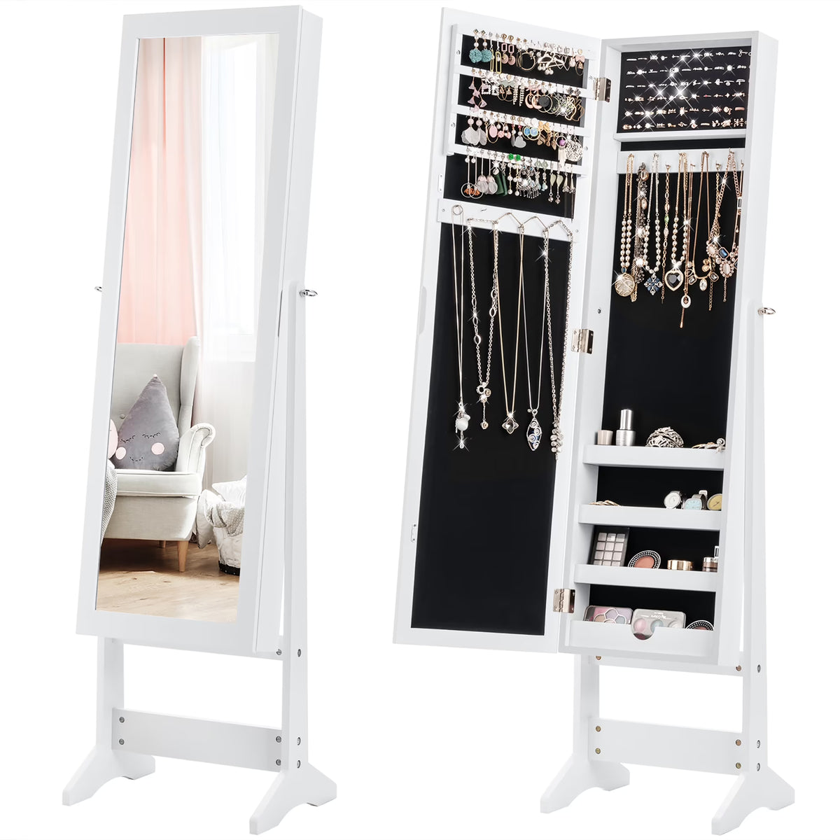 Costway Jewelry Mirrored Cabinet Armoire Organizer Storage Box w/ Stand Christmas Gift